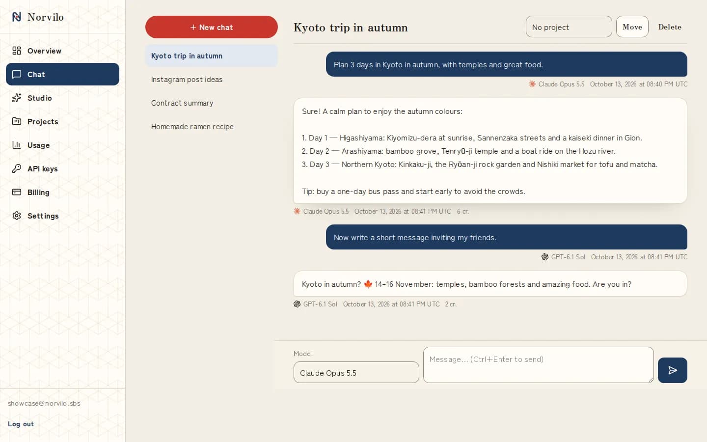Ask anything and switch models in one click. Every answer shows its cost.
